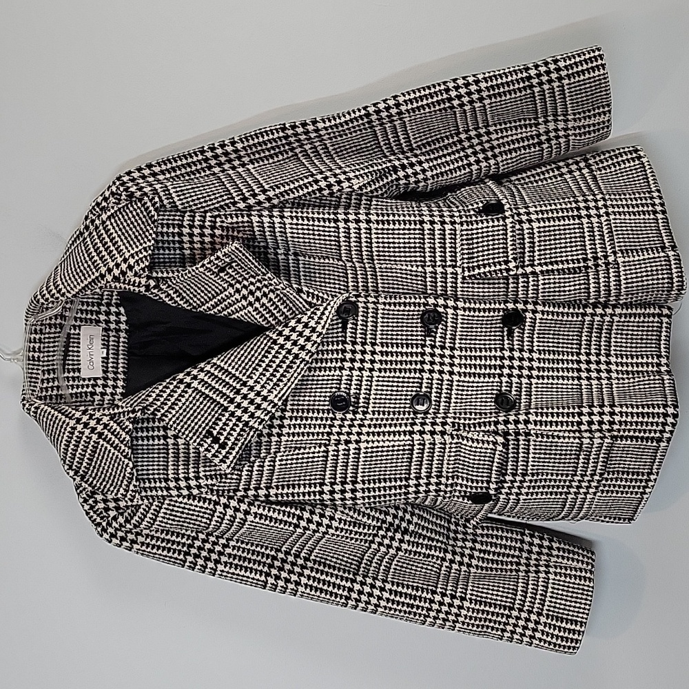 Calvin Klein double breasted black white houndstooth pea coat size 14